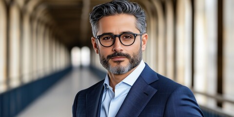 Confident mature man in a navy suit standing in a grand architectural hallway. Concept of professionalism, leadership, and success.