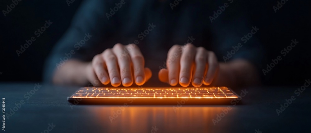 Poster Neon-Tinted Coding Interface Vibrant Keyboard with Developer at Work - Innovative Tech Content and Digital Marketing Strategy in the Software Development Industry