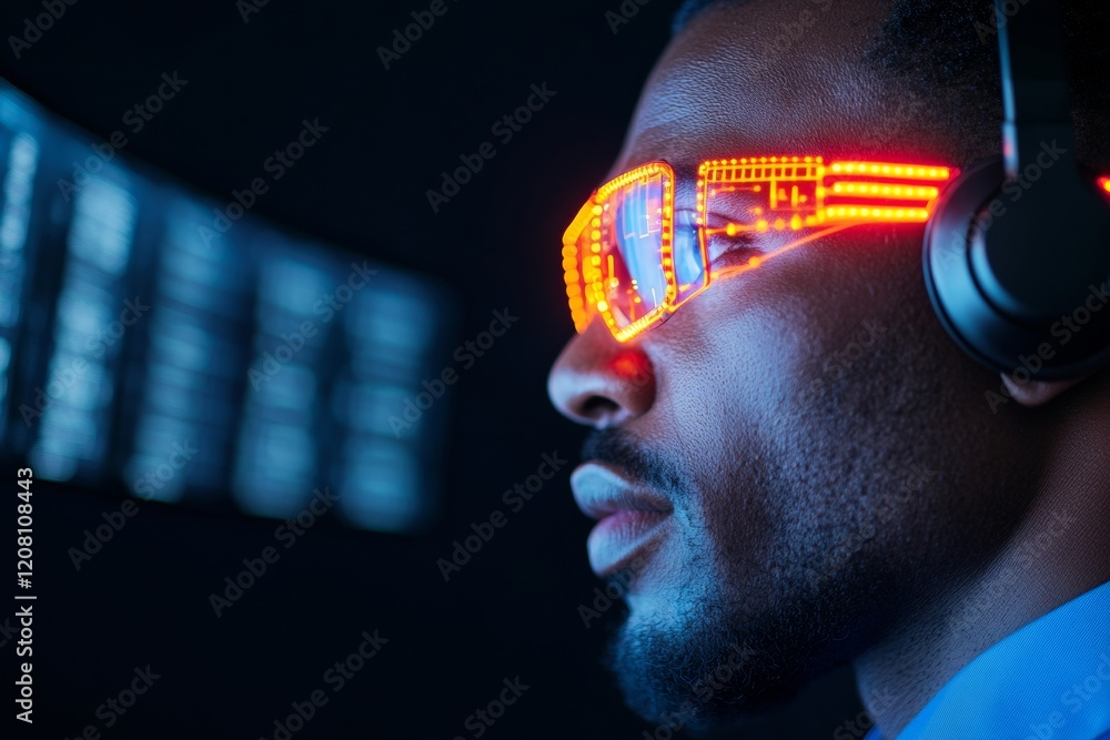 Poster tech-driven cybersecurity interface black male expert with futuristic led gear in dark it control ro