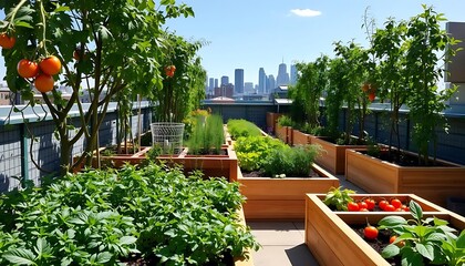 Urban Rooftop Garden with City Skyline View