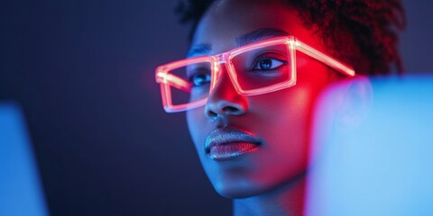 Neon Tech Aesthetic Innovative Business Vision in High-Tech Office - Futuristic Corporate Branding with Young Professional Using Digital Tools for Creative Synergy