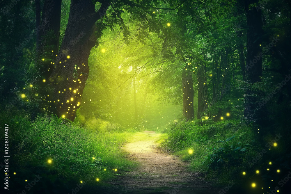 Poster a tranquil forest illuminated by the soft glow of fireflies at dusk.