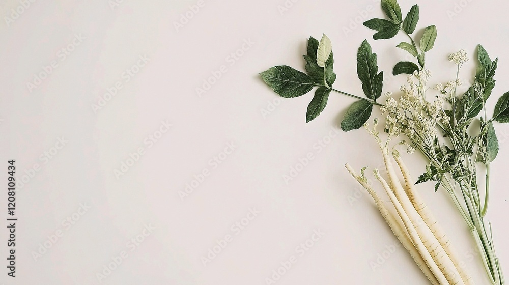 Poster fresh parsnip and green leaves isolated on white background