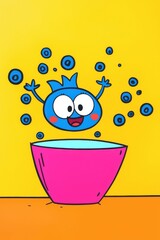 Cheerful Blue Character Emerging from Colorful Bowl with Bubbles on Bright Yellow Background