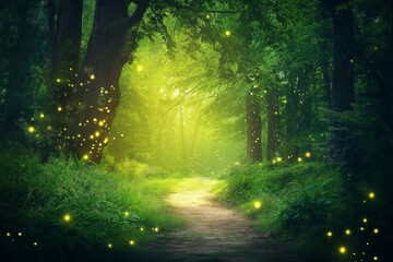 Obraz premium A tranquil forest illuminated by the soft glow of fireflies at dusk.