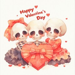 three smiling skeletons holding a red heart with "happy valentine's" text, humorous and whimsical valentine&rsquo;s day illustration, concept of greeting cards, holiday decor, stationery