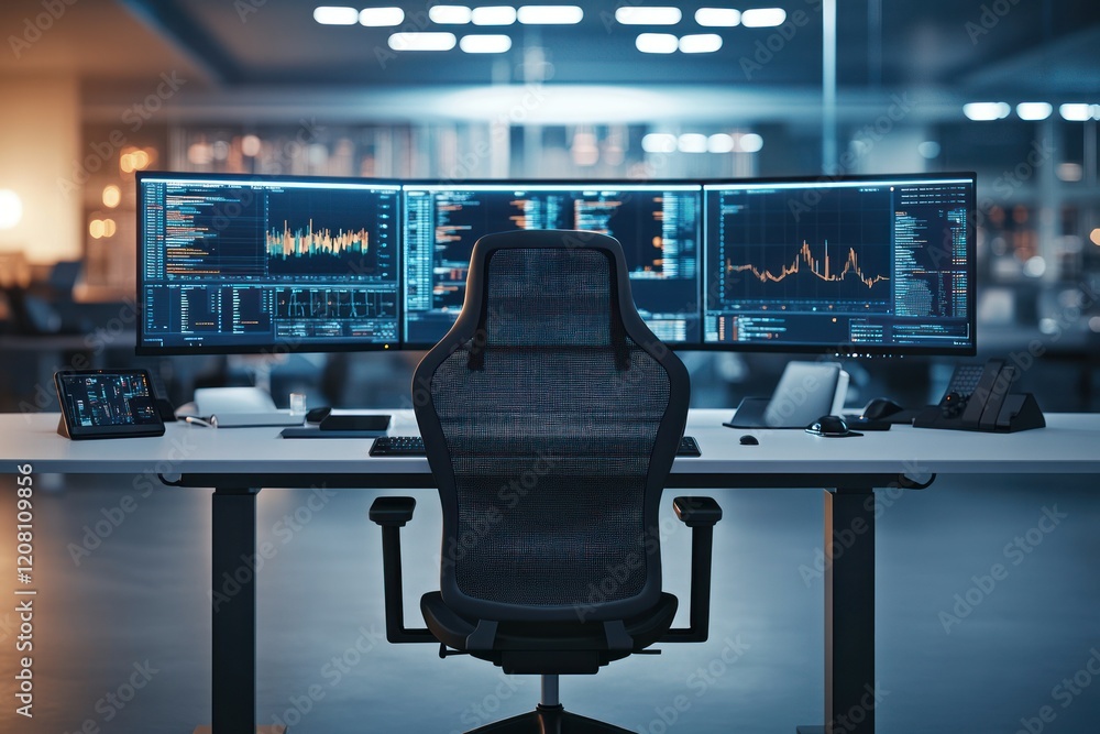 Poster high-tech control room with multiple monitors
