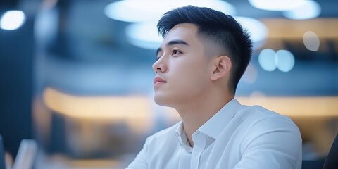 Thoughtful young man sitting in a brightly lit modern workspace with blurred lights in the background. Represents focus, innovation, and professional growth.