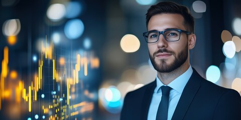 Confident businessman in glasses standing with a digital graph overlay and city lights bokeh in the background. Represents financial growth and technology integration.
