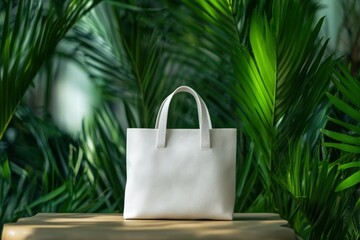 Minimalist White Tote Bag Against Lush Green Background