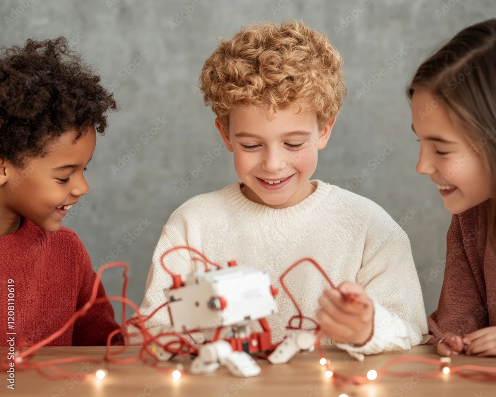 Aufkleber collaborative robotics learning diverse group of children with electronic circuits on wooden table -