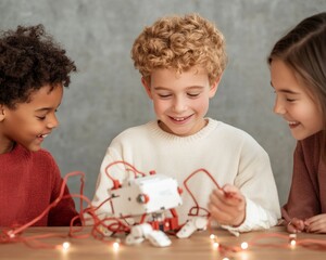 Collaborative Robotics Learning Diverse Group of Children with Electronic Circuits on Wooden Table - STEM Education Content and Innovative Classroom Engagement