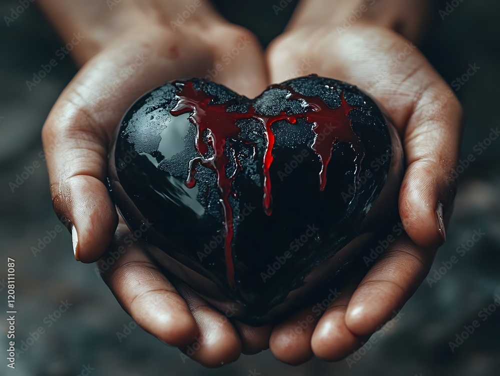 Poster dark heart symbolizing love and pain, captured in a close-up, showcasing textures and emotional dept