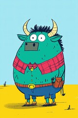 Cartoon illustrated blue bull character wearing a red plaid shirt in a colorful, whimsical landscape with a cartoon-style background