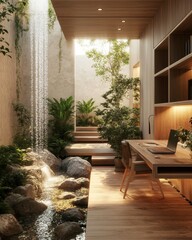 Fototapeta premium Zen Office Retreat: A serene and modern home office nestled amidst a tranquil indoor garden with a cascading waterfall, providing a calming and inspiring workspace. 