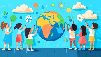 Children creatively painting a vibrant globe with colors.