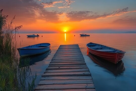calm and picturesque sunset at the lake with boats gently floating and a wooden pier leading into the tranquil waters creating a serene escape from daily life