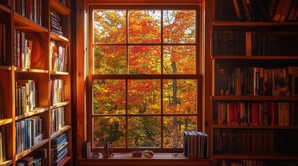 Cozy Cabin Interior with Bookshelf and Fall Colors View