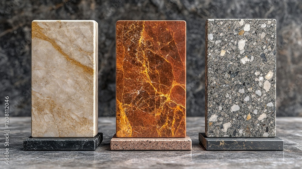Poster stone material samples on display with dark background