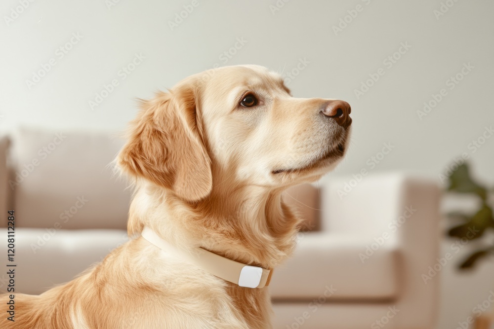 Poster minimalist pet tech smart dog collar with soft leather design in modern home setting - enhancing saf