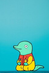 Colorful cartoon character of a whimsical creature holding utensils and a bottle, sitting against a vibrant turquoise background
