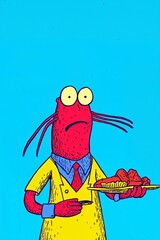 Cartoon character holding a plate of food in front of a bright blue background with a confused expression