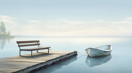 A quiet lakeside pier with a wooden bench and a rowboat tied nearby under a clear sky