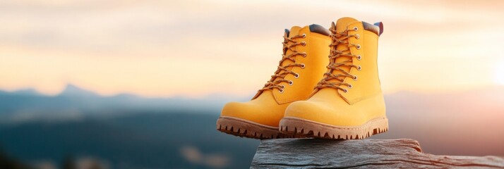 Rugged Outdoor Exploration Boots on Weathered Wood Premium Adventure Gear for Young Adults and Avid Hikers, Featuring Durable Materials and Modern Comfort for Lifestyle and Retail Marketing