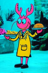 Cartoon character with pink color holding two platters of food in an underwater setting, showcasing vibrant animation style