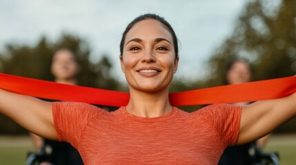 Inclusive Fitness in Nature Latina Woman, 34, in Wheelchair with Resistance Bands - Promoting Adaptive Workouts for Community Health and Diversity Initiatives