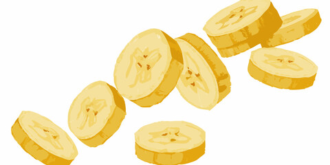 Flying delicious banana slices cut out. Flying Banana Slices – Vibrant Yellow Fruit Isolated on White for Advertising and Food Photography.