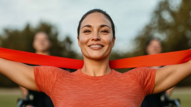 Inclusive Fitness in Nature Latina Woman, 34, in Wheelchair with Resistance Bands - Promoting Adaptive Workouts for Community Health and Diversity Initiatives