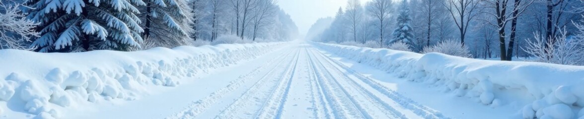 Snowy road is blanketed by deep layer of white snow and ice, winter scenery, frozen, snowfall