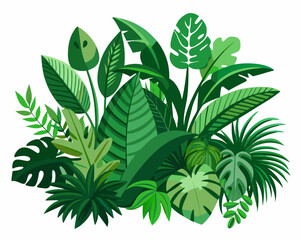 Lush green tropical plants bush, cut out on white background. 