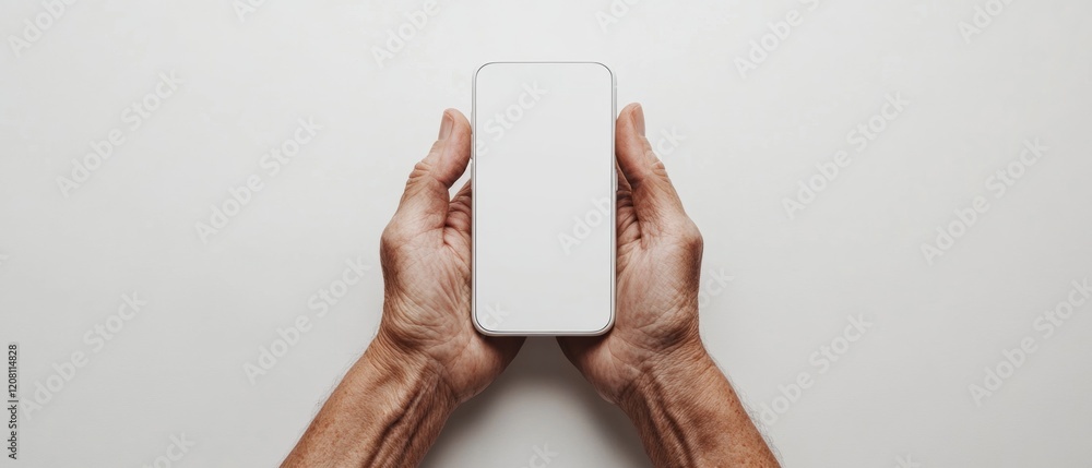Poster minimalist tech display hands holding smartphone on white surface digital marketing visual and moder