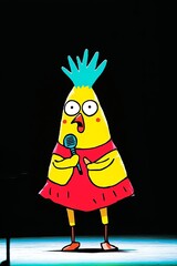 Colorful Cartoon Chicken Character Singing on Stage with Microphone in Vibrant Costume