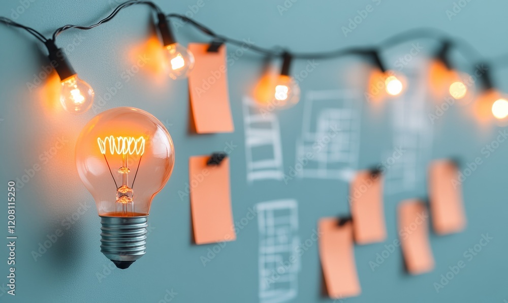 Aufkleber vibrant creative workspace colorful sticky notes, sketches, and string lights for innovative storyte