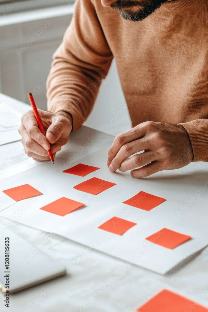 Aufkleber Minimalist Creative Planning Collaborative Teamwork with Red Sticky Notes on White Table - Business Innovation and Collaborative Brainstorming for Creative Industries