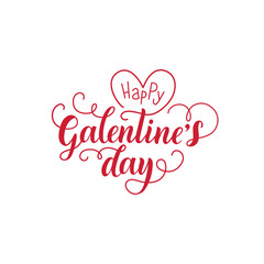 Happy Galentine's Day handwritten text. Hand lettering, modern brush ink calligraphy isolated on white background with ribbon and hearts. Vector illustration. Concept for card, logo, poster, print
