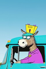 Cartoon donkey driving colorful truck with whimsical crown and glasses against bright blue sky