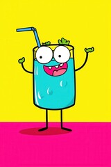 Cheerful animated drink character with cute face and straw on vibrant yellow and pink background, perfect for fun designs