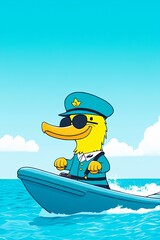 Cute cartoon duck character in uniform cruising on blue water with sunglasses and cheerful expression in vibrant style