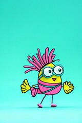Naklejka premium Colorful cartoon fish character with big eyes and vibrant fins swimming against a turquoise background