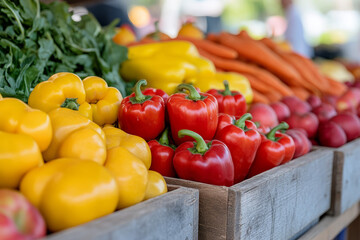 Colorful assortment of fresh vegetables displayed in wooden boxes at a market