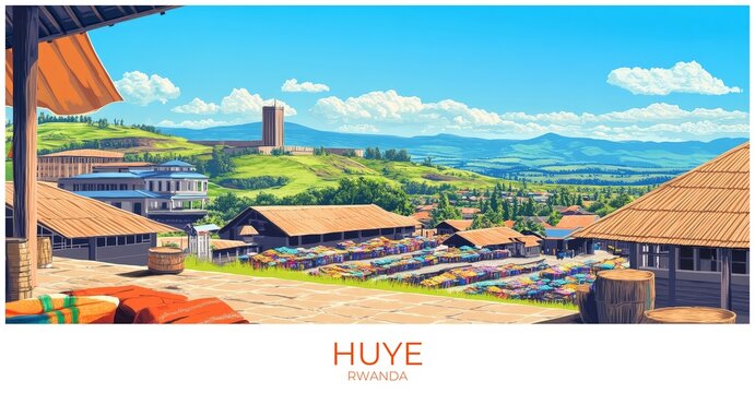 Huye Rwanda Travel Poster Flat Illustration Print Decor Gift Canvas Wall Art