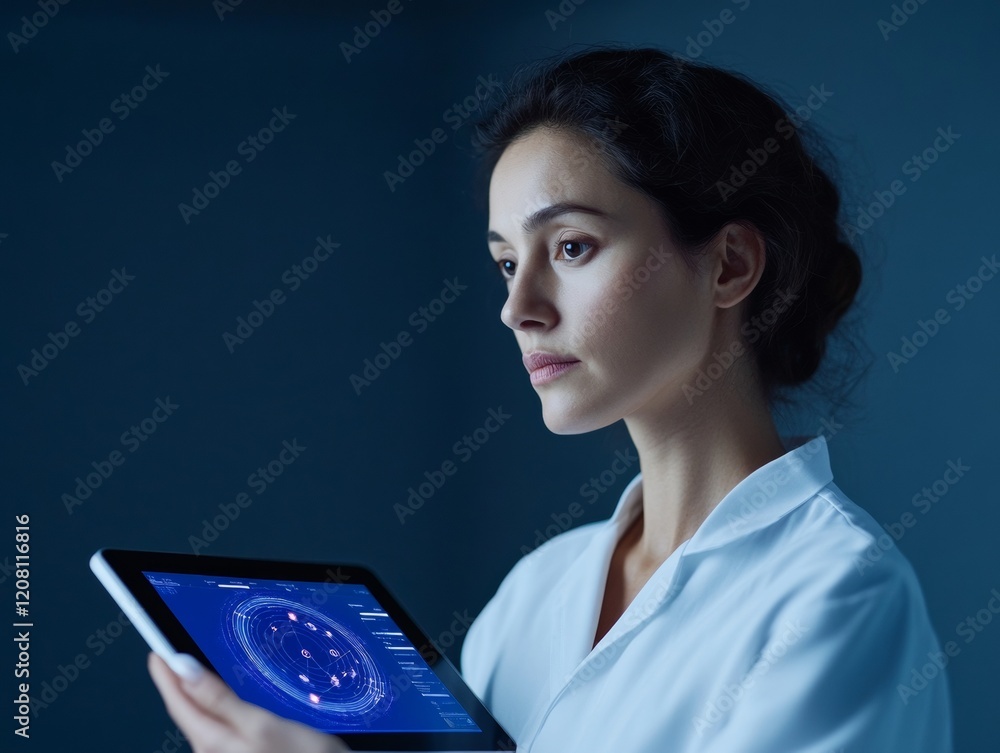 Aufkleber futuristic digital aerospace interface young professional analyzing high-tech visualization on table