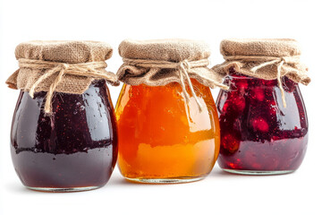 Jars of homemade jam, neatly arranged glass jars filled with vibrant red and orange jams, topped with rustic fabric covers and tied with twine, isolated on a clean white background with soft natural 