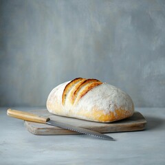 Rustic Artisan Bread Display Freshly Baked Sourdough on Weathered Wooden Board with Serrated Knife - Culinary Content for Gourmet Kitchens and Boutique Bakery Design Inspiration