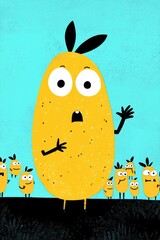 Cartoon Style Illustration of a Surprised Yellow Potato Character Surrounded by Smaller Potatoes on a Blue Background
