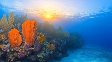 Vibrant Coral Reef Scene With Orange Sponges At Sunset